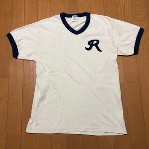 美品★DEW★ヴィンテージ★当時モノ★古着★R ロゴワッペン★トリム★キナリ(オフホワイト　ベージュ)★Tシャツ★厚手oz★M〜L