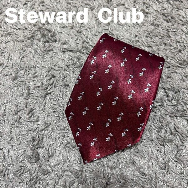 メンズ　ネクタイ　Steward Club 花柄　ポリエステル　新品　未使用　ワインレッド