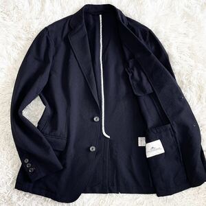 1円〜 希少2XL 極美品 MEN'S MELROSE メンズメルローズ テーラードジャケット アンコン シアサッカー ストレッチ ウォッシャブル ネイビー