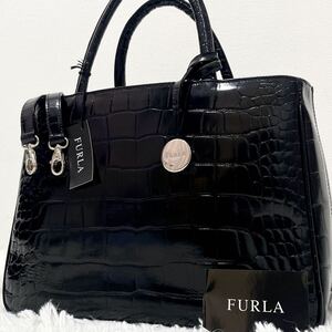 1円〜【極美品】FURLA フルラ 2way クロコ トートバッグ ビジネスバッグ ブリーフケース A4 メンズ レディース レザー ブラック チャーム