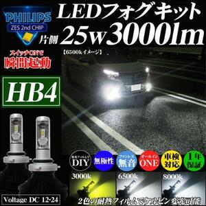 送料無料 LEDフォグランプ HB4 バルブ フィリップス チップ 25w 3000ルーメン 3300k 6500k 8000k 車検対応 1年保証 ホワイト イエロー