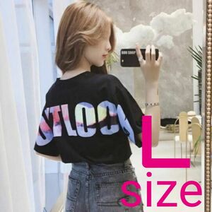 バックプリントTシャツ 黒 パステル レディース L 韓国 おしゃれ ダンス