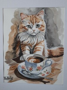 Art hand Auction 水彩画 子猫のコーヒータイム, 絵画, 水彩, 動物画