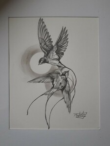 Art hand Auction Pencil drawing of a flying swallow, Artwork, Painting, Pencil drawing, Charcoal drawing