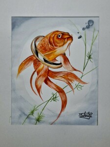 Art hand Auction Акварельная золотая рыбка и золотое кольцо, Рисование, акварель, Картины животных