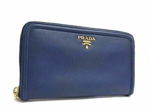 1円 ■美品■ PRADA プラダ サフィアーノレザー ラウンドファスナー 長財布 ウォレット 小銭入れ レディース ネイビー系 FC4095