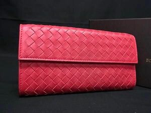 1円 ■美品■ BOTTEGA VENETA ボッテガヴェネタ イントレチャート レザー 二つ折り 長財布 ウォレット レディース ピンク系 AW7513