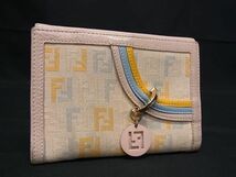 1円 FENDI フェンディ ズッカ柄 ズッキーノ レザー×キャンバス 二つ折り 財布 ウォレット ピンク系×ベージュ系 AX6346_画像1