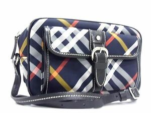 1円 ■極美品■ BURBERRY バーバリーブルーレーベル ナイロン×レザー チェック柄 クロスボディ ショルダーバッグ ネイビー系 AZ2356