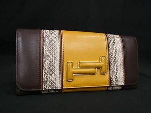 1円 ■美品■ TODS トッズ ダブルT レザー 二つ折り 長財布 ウォレット 札入れ 小銭入れ レディース イエロー系×ブラウン系 FC1630