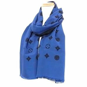 1円 ■極美品■ LOUIS VUITTON ルイヴィトン モノグラム アセテート×シルク スカーフ ストール ショール レディース ネイビー系 FA4803の画像3