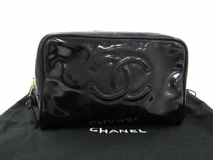 1円 CHANEL シャネル ココマーク パテントレザー ポーチ マルチケース 小物入れ レディース ブラック系 AW8401