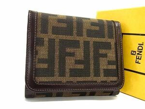 1円 ■極美品■ FENDI フェンディ ズッカ柄 キャンバス×レザー 三つ折り 財布 ウォレット 小銭入れ 札入れ メンズ ブラウン系 AX6406