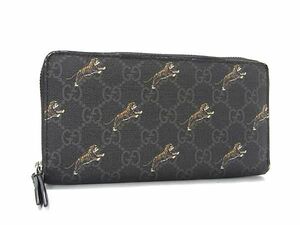 1円 GUCCI グッチ 575135 493075 GG柄 PVC タイガー ラウンドファスナー 長財布 ウォレット メンズ ブラック系 FA7290