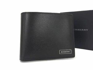 1円 ■新品同様■ BURBERRY バーバリー レザー 二つ折り 財布 ウォレット 小銭入れ 札入れ メンズ ブラック系 FA7793