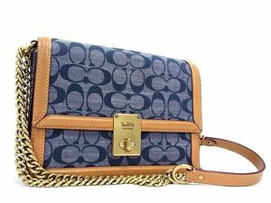 1円 ■美品■ COACH コーチ 3696 シグネチャー デニム×レザー ショルダーバッグ クロスボディ レディース ブルー系×ブラウン系 FA6357