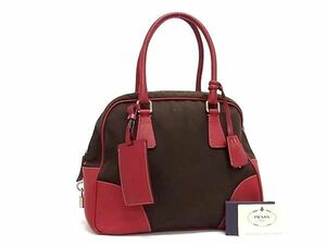 1円 PRADA プラダ B10814 キャンバス×レザー ハンドバッグ トートバッグ レディース ダークブラウン系×レッド系 BG8374