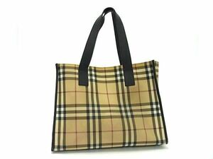 1円 BURBERRY バーバリー ノバチェック PVC×レザー トートバッグ ハンドバッグ レディース メンズ ベージュ系×ブラック系 AZ2215