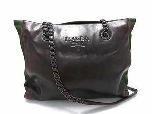 1円 ■美品■ PRADA プラダ テスートナイロン×レザー チェーン トートバッグ ショルダー 肩掛け ブラウン系×グリーン系 AY2939