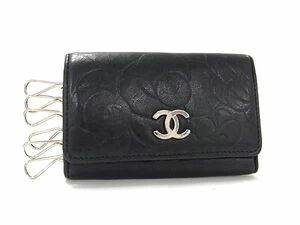 1円 CHANEL シャネル ココマーク カメリア ラムスキン シルバー金具 6連 キーケース 鍵入れ レディース ブラック系 BJ2952