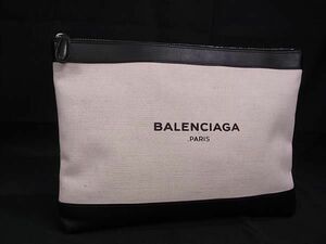 1 иен # превосходный товар # BALENCIAGA Balenciaga темно-синий зажим M парусина клатч ручная сумочка оттенок бежевого × оттенок черного AW9473