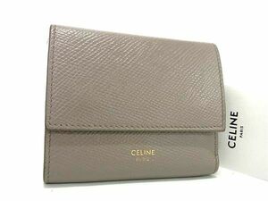 1円 ■美品■ CELINE セリーヌ スモール トリフォールド レザー 三つ折り 財布 ウォレット レディース グレージュ系 FC4093