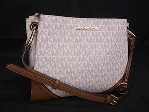 1円 ■極美品■ MICHAEL KORS マイケルコース MK柄 PVC×レザー クロスボディ ショルダーバッグ 斜め掛け レディース アイボリー系 AZ2439