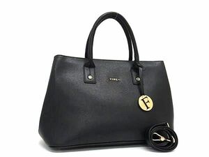 1円 ■美品■ FURLA フルラ リンダ レザー 2WAY トートバッグ ハンドバッグ ショルダーバッグ 肩掛けかばん レディース ブラック系 FB0577