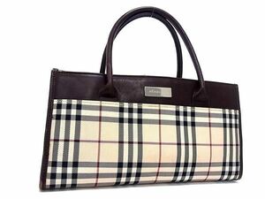 1円 ■美品■ BURBERRY バーバリー ノバチェック ナイロンキャンバス×レザー ハンドバッグ トート ベージュ系×ブラウン系 AY1885