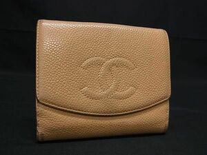 1円 CHANEL シャネル ココマーク キャビアスキン Wホック 二つ折り 財布 ウォレット 小銭入れ 札入れ レディース ベージュ系 AX6316