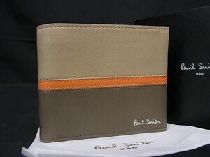 1円 ■新品同様■ Paul Smith ポールスミス レザー 二つ折り 財布 ウォレット 札入れ 小銭入れ メンズ カーキ系 AS8185