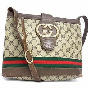 1円 GUCCI グッチ シェリーライン インターロッキングG GG柄 PVC×レザー ショルダーバッグ 肩掛け レディース ブラウン系 AW9489の画像1