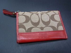 ■美品■ COACH コーチ シグネチャー キャンバス×レザー コインケース コインパース 小銭入れ ブラウン系×レッド系 DE2156