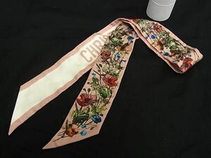 1円 ■美品■ ChristianDior クリスチャンディオール ミッツァ シルク100% フラワー 花柄 ツイリー リボンスカーフ ピンク系 AW5883