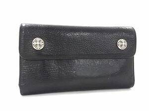 1円 ■美品■ CHROME HEARTS クロムハーツ レザー 三つ折り 長財布 ウォレット 小銭入れ 札入れ カード入れ メンズ ブラック系 AW0911