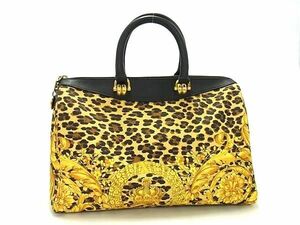 1 jpy # beautiful goods # GIANNI VERSACE Gianni Versace PVC× leather leopard print total pattern handbag tote bag yellow group × black group AW9701