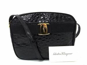 1円 ■極美品■ Salvatore Ferragamo フェラガモ BA214183 ヴァラ クロコダイル型押しレザー ワンショルダーバッグ ブラック系 AW9670