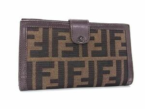 1円 FENDI フェンディ ヴィンテージ ズッカ柄 キャンバス×レザー 二つ折り 長財布 がま口 ウォレット レディース ブラウン系 AX6440