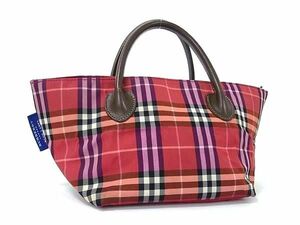 1円 BURBERRY バーバリーブルーレーベル ノバチェック ナイロン×レザー ハンドバッグ トート レディース レッド系 AY2766