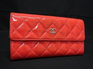 1円 CHANEL シャネル ココマーク マトラッセ パテントレザー 二つ折り 長財布 ウォレット 札入れ 小銭入れ レッド系 FA6862