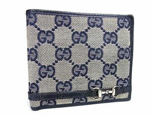 1円 ■美品■ GUCCI グッチ 245772 ホースビット GG柄 GGキャンバス×レザー 二つ折り 財布 ウォレット 札入れ ネイビー系 FA6856