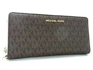 1円 ■美品■ MICHAEL KORS マイケルコース MK柄 PVC ラウンドファスナー 長財布 ウォレット 札入れ 小銭入れ ブラウン系 AY2508