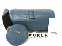 1円 ■新品同様■ FURLA フルラ レザー コインケース付き クロスボディ ショルダーバッグ 斜め掛け レディース ブルー系 AZ2472_画像1