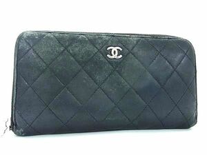 1円 CHANEL シャネル ココマーク マトラッセ ラムスキン ラウンドファスナー 長財布 ウォレット 札入れ 小銭入れ ブラック系 AX6530