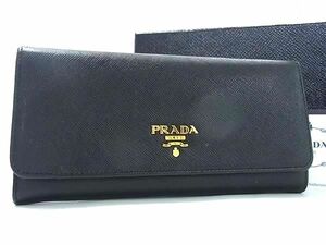 1円 ■美品■ PRADA プラダ サフィアーノレザー パスケース付き 二つ折り 長財布 ウォレット レディース ブラック系 AZ3393