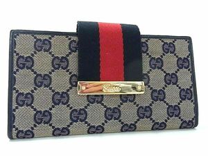 1円 ■美品■ GUCCI グッチ 181668 0959 シェリーライン GGキャンバス×レザー 二つ折り 長財布 ウォレット ネイビー系 AX6553