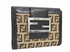 1円 FENDI フェンディ ズッカ柄 ズッキーノ キャンバス×レザー 二つ折り 財布 ウォレット 札入れ 小銭入れ ブラウン系 AW9603