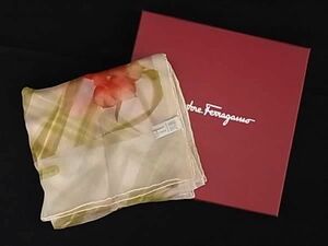 1円 ■美品■ Salvatore Ferragamo フェラガモ シルク100% フラワー 花柄 スカーフ ストール ショール ライトグリーン系 BK0180