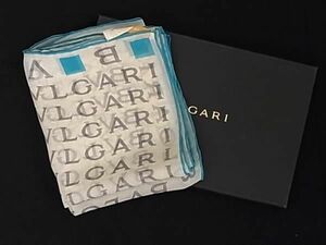 1円 ■新品同様■ BVLGARI ブルガリ シルク100% ロゴモチーフ スカーフ ストール ショール レディース アイボリー系 AV8983