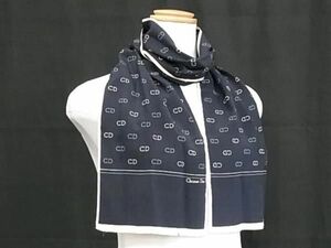 1円 ■美品■ ChristianDior クリスチャンディオール シルク100% ストール ショール スカーフ レディース ネイビー系 AW7895